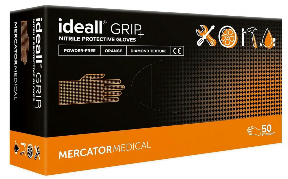 Перчатки нитриловые ideall® GRIP+, размер XL, оранжевые, 50 шт MERCATORMEDICAL RD30234005